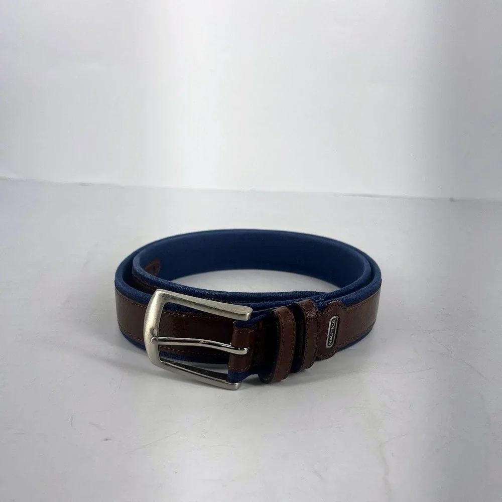 Nautica Mens Belt Brown‎ Leather Blue Canvas Silver Buckle Size 40